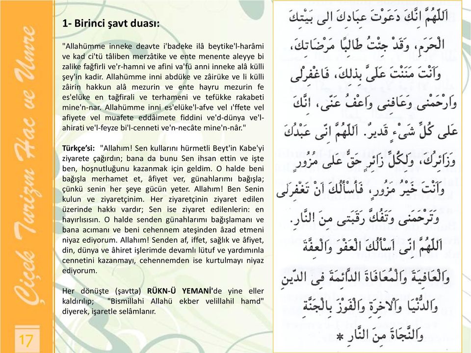 Allahümme inni es'elüke'l-afve vel ı'ffete vel afiyete vel muafete eddâimete fiddini ve'd-dünya ve'lahirati ve'l-feyze bi'l-cenneti ve'n-necâte mine'n-nâr." Türkçe si: "Allahım!