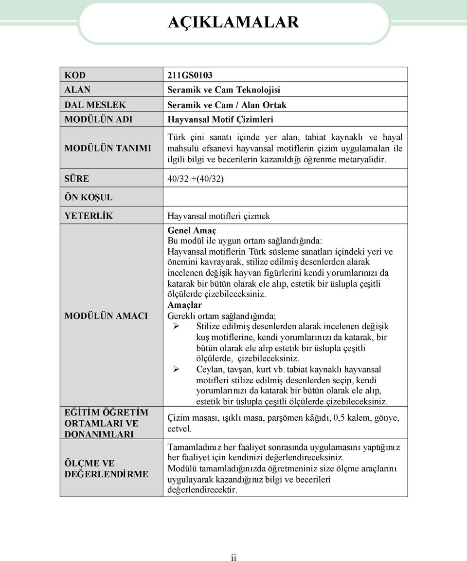 SÜRE 40/32 +(40/32) ÖN KOŞUL YETERLİK MODÜLÜN AMACI EĞİTİM ÖĞRETİM ORTAMLARI VE DONANIMLARI ÖLÇME VE DEĞERLENDİRME Hayvansal motifleri çizmek Genel Amaç Bu modül ile uygun ortam sağlandğnda: