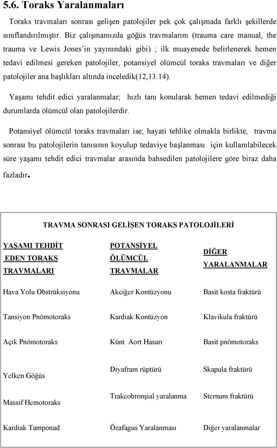 toraks travmaları ve diğer patolojiler ana başlıkları altında inceledik(12,13.14).