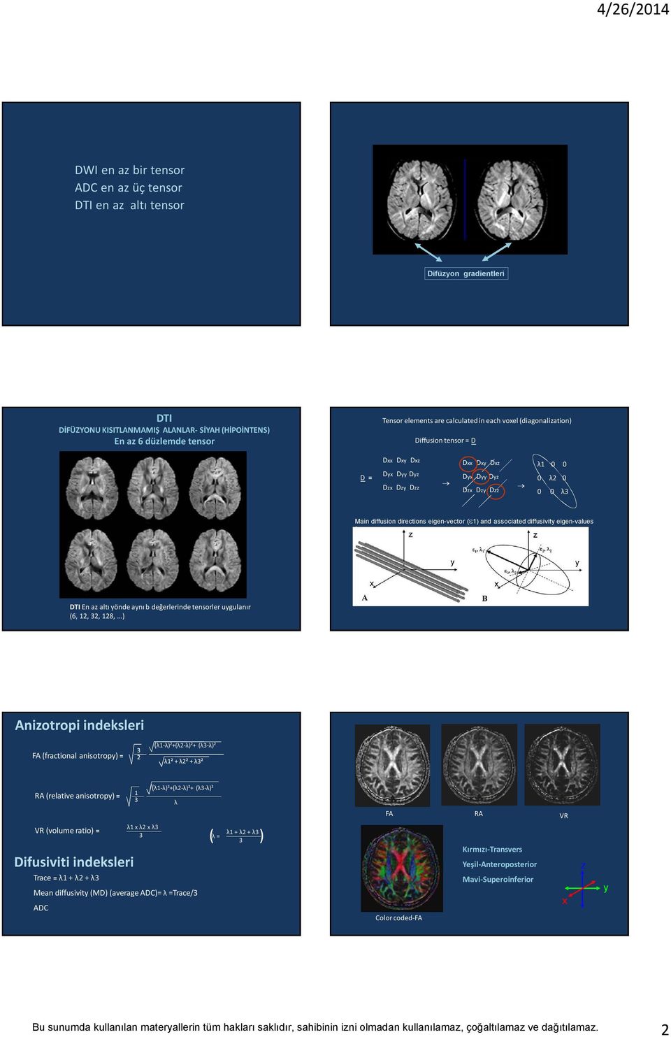diffusivity eigen-values (λ1) Z e1, λ1 e3, λ3 DTI En az altı yönde aynı b değerlerinde tensorler uygulanır (6, 12, 32, 128, ) X e12, λ2 Y nizotropi indeksleri F (fractional anisotropy) = 3 2
