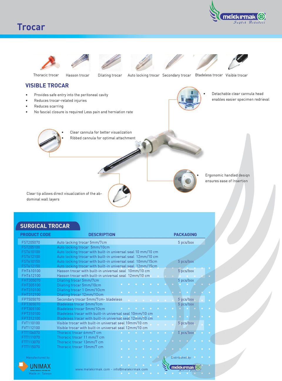 visualization Ribbed cannula for optimal attachment Ergonomic handled desiqn ensures ease of Insertion Clear tip allows direct visualization of the abdominal wall layers SURGICAL TROCAR PRODUCT CODE