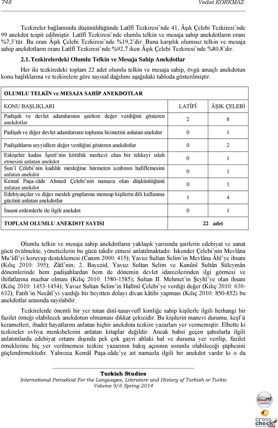 Buna karşılık olumsuz telkin ve mesaja sahip anekdotların oranı Latîfî Tezkiresi nde %92,7 iken Âşık Çelebi Tezkiresi nde %80,8 dir. 2.1.