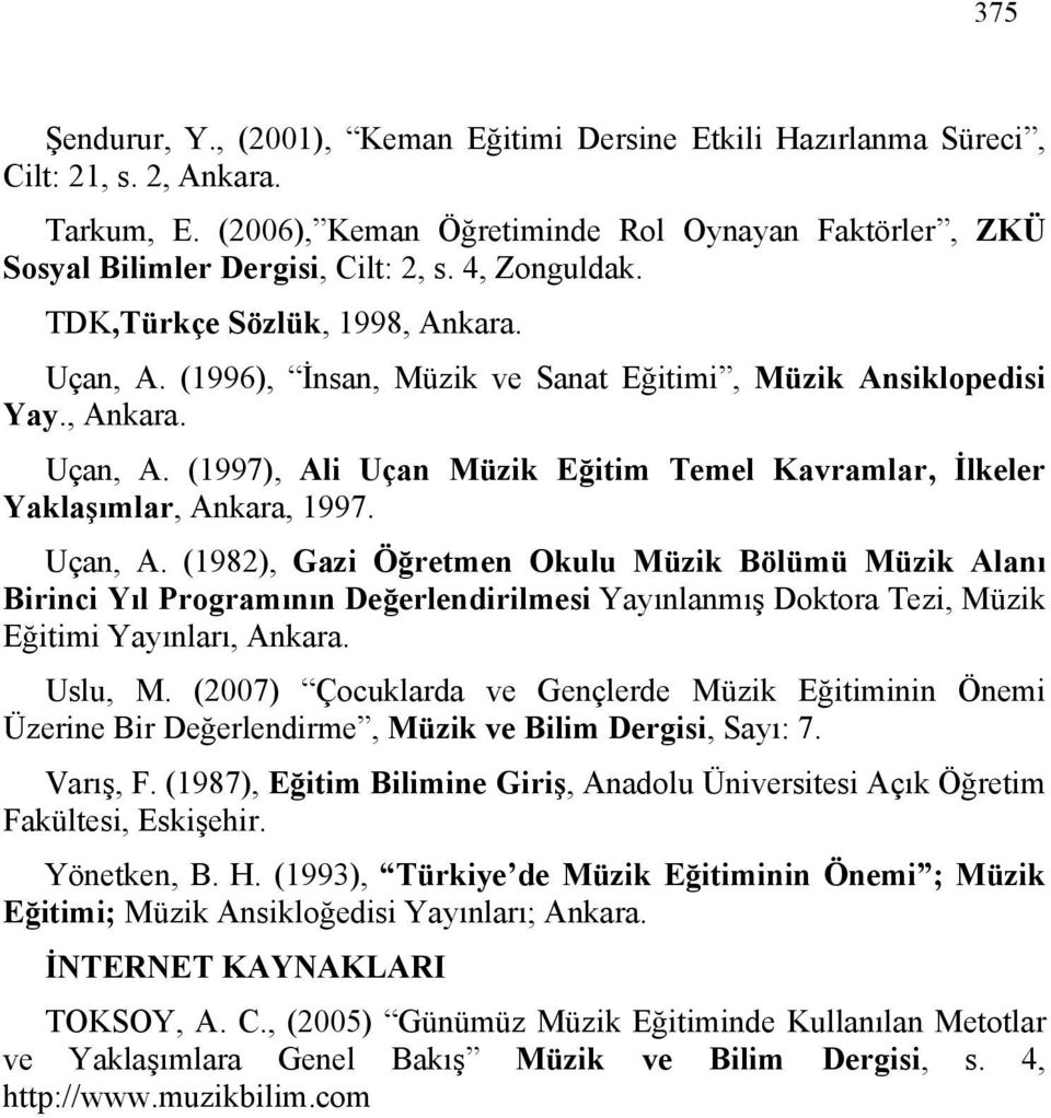 Uçan, A. (1982), Gazi Öğretmen Okulu Müzik Bölümü Müzik Alanı Birinci Yıl Programının Değerlendirilmesi Yayınlanmış Doktora Tezi, Müzik Eğitimi Yayınları, Ankara. Uslu, M.