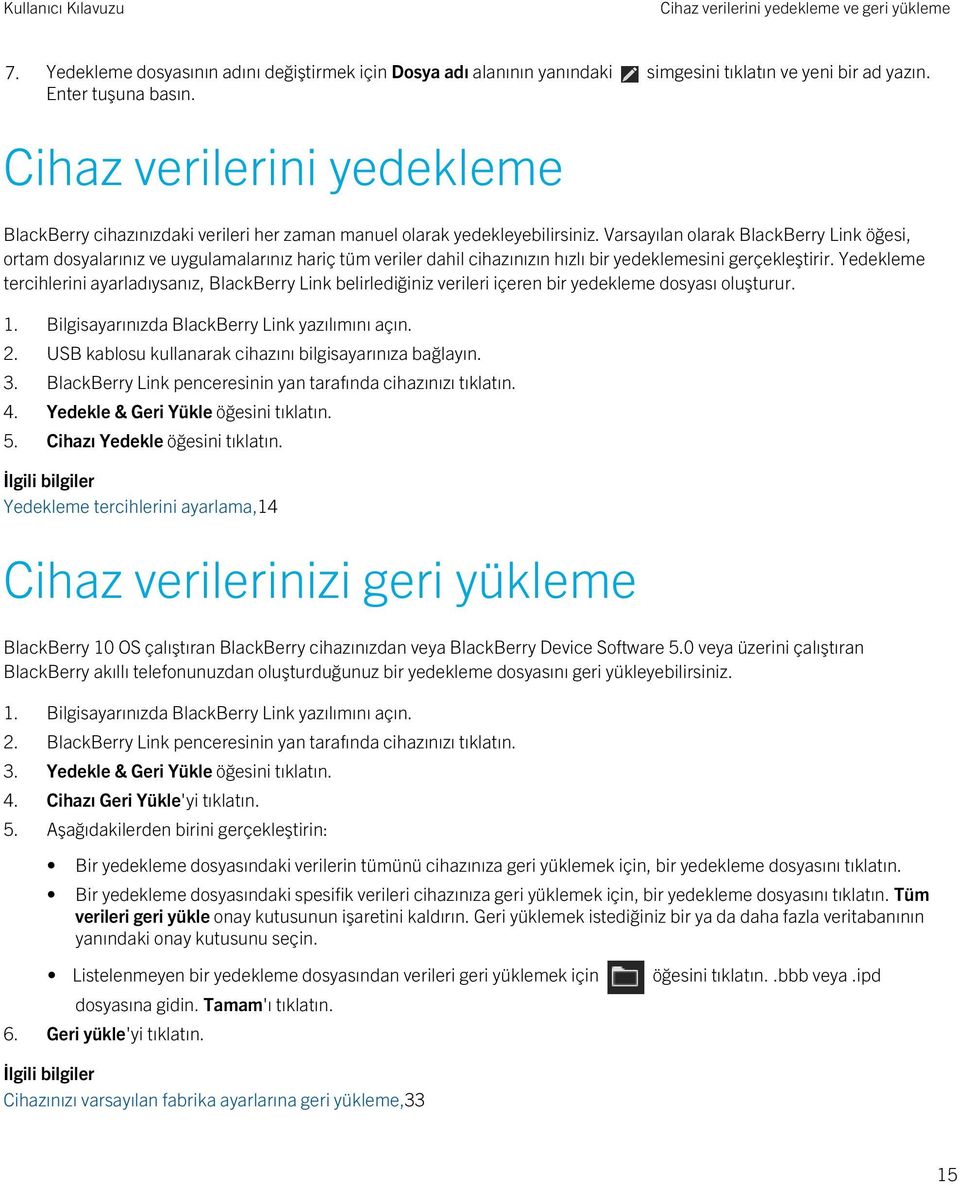 Varsayılan olarak BlackBerry Link öğesi, ortam dosyalarınız ve uygulamalarınız hariç tüm veriler dahil cihazınızın hızlı bir yedeklemesini gerçekleştirir.