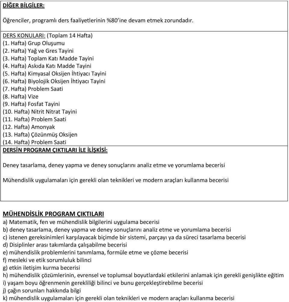 Hafta) Vize (9. Hafta) Fosfat Tayini (10. Hafta) Nitrit Nitrat Tayini (11. Hafta) Problem Saati (12. Hafta) Amonyak (13. Hafta) Çözünmüş Oksijen (14.