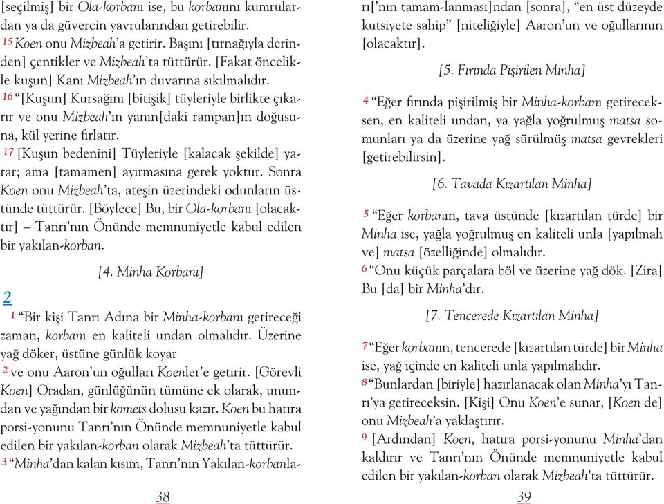 17 [Kuşun bedenini] Tüyleriyle [kalacak şekilde] yarar; ama [tamamen] ayırmasına gerek yoktur. Sonra Koen onu Mizbeah ta, ateşin üzerindeki odunların üstünde tüttürür.