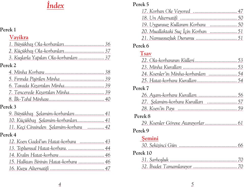 Keçi Cinsinden Şelamim-korbanı... 42 Perek 4 12. Koen Gadol un Hatat-korbanı... 43 13. Toplumsal Hatat-korbanı... 44 14. Kralın Hatat-korbanı... 46 15. Halktan Birinin Hatat-korbanı... 46 16.