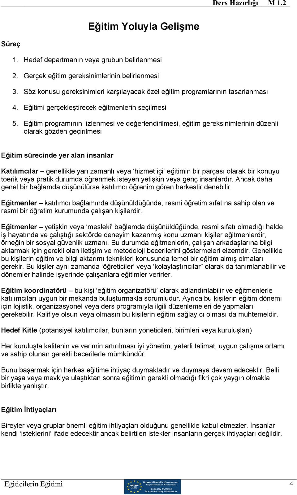 Eğitim programının izlenmesi ve değerlendirilmesi, eğitim gereksinimlerinin düzenli olarak gözden geçirilmesi Eğitim sürecinde yer alan insanlar Katılımcılar genellikle yarı zamanlı veya hizmet içi