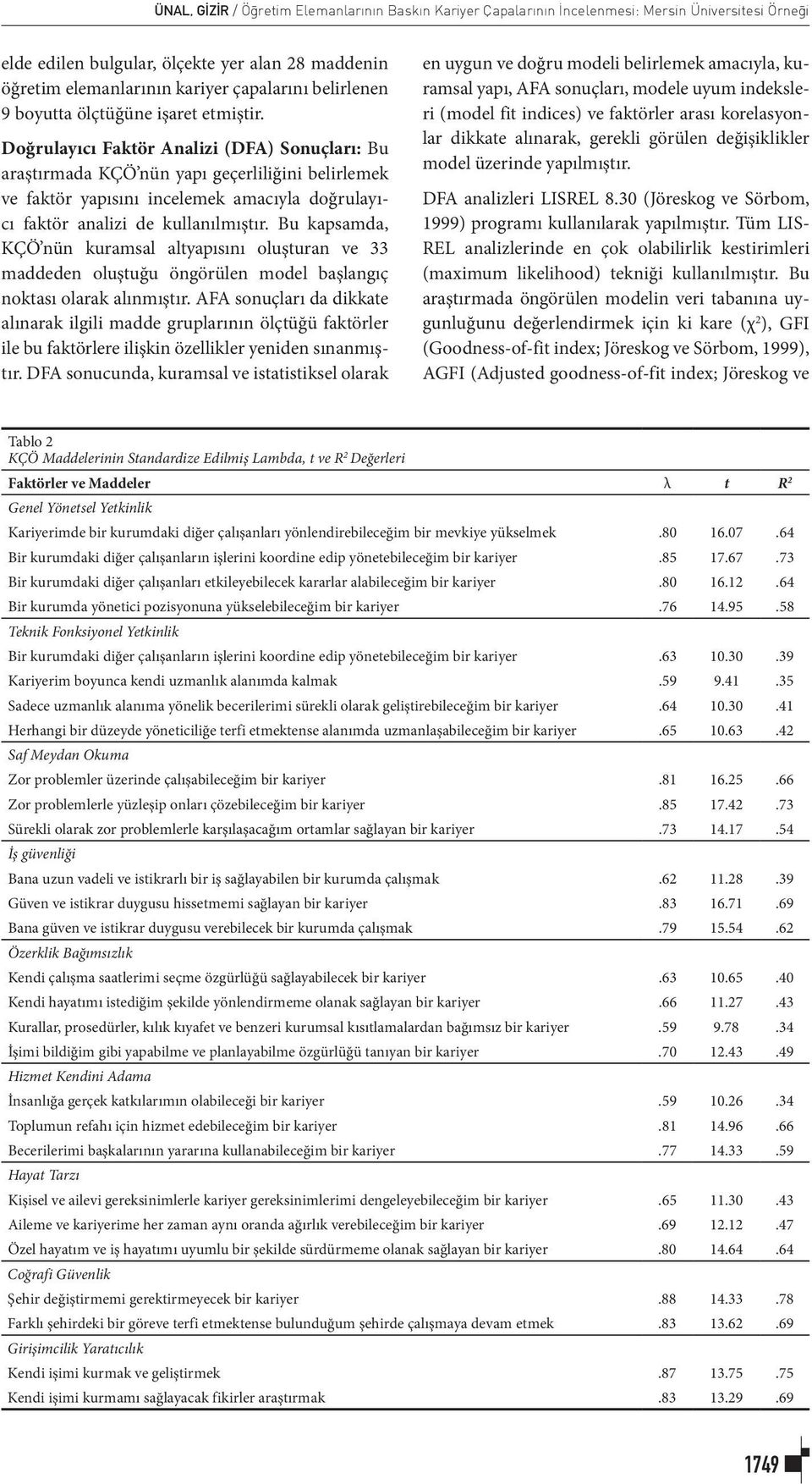 Doğrulayıcı Faktör Analizi (DFA) Sonuçları: Bu araştırmada KÇÖ nün yapı geçerliliğini belirlemek ve faktör yapısını incelemek amacıyla doğrulayıcı faktör analizi de kullanılmıştır.