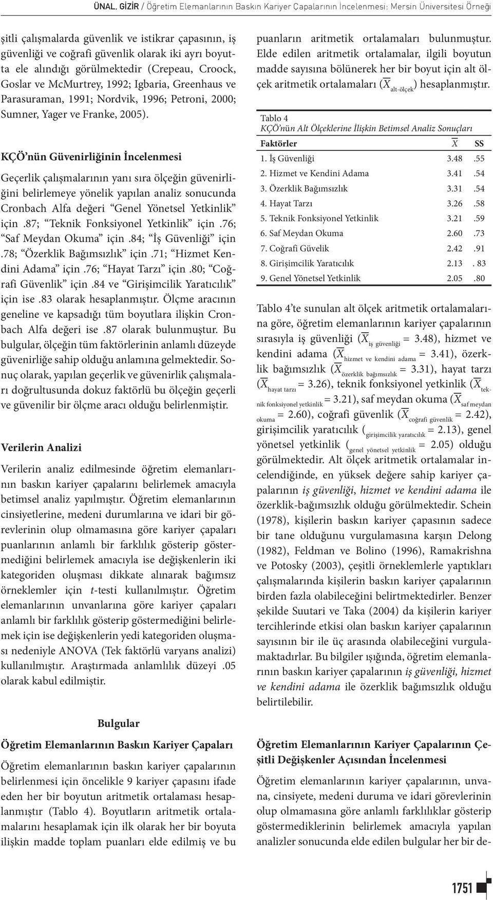 KÇÖ nün Güvenirliğinin İncelenmesi Geçerlik çalışmalarının yanı sıra ölçeğin güvenirliğini belirlemeye yönelik yapılan analiz sonucunda Cronbach Alfa değeri Genel Yönetsel Yetkinlik için.