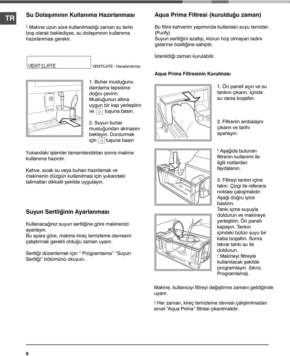 Suyun Sertliðinin Ayarlanmasý VENTILATE - Havalandýrma 1. Buhar musluðunu damlama tepsisine doðru çevirin. Musluðunun altýna uygun bir kap yerleþtirin ve tuþuna basýn. 2.