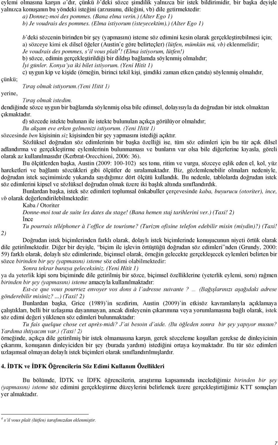 ) (Alter Ego 1) b deki sözcenin birinden bir şey (yapmasını) isteme söz edimini kesin olarak gerçekleştirebilmesi için; a) sözceye kimi ek dilsel öğeler (Austin e göre belirteçler) (lütfen, mümkün