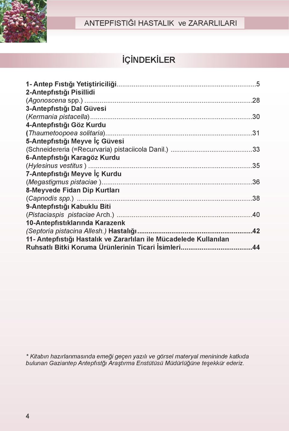 ..36 8-Meyvede Fidan Dip Kurtları (Capnodis spp.)...38 9-Antepfıstığı Kabuklu Biti (Pistaciaspis pistaciae Arch.)...40 10-Antepfıstıklarında Karazenk (Septoria pistacina Allesh.) Hastalığı.