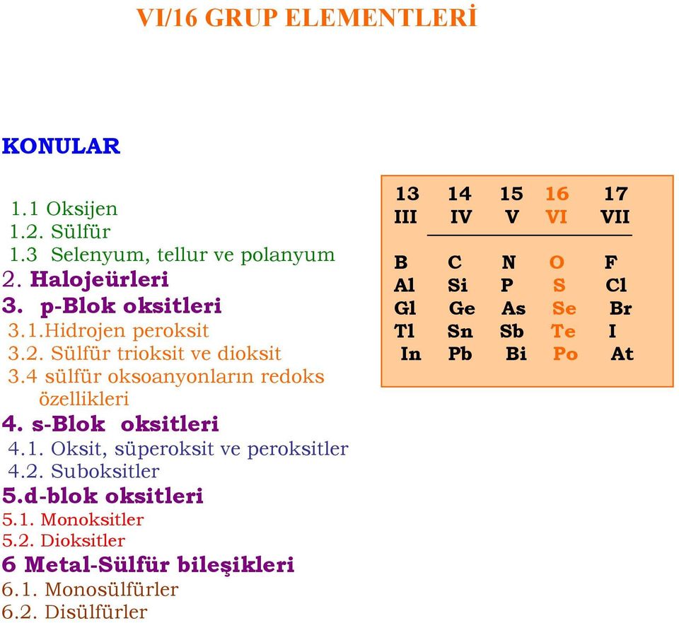 Oksit, süperoksit ve peroksitler 4.2. Suboksitler 5.d-blok oksitleri 5.1. Monoksitler 5.2. Dioksitler 6 Metal-Sülfür bile"ikleri 6.