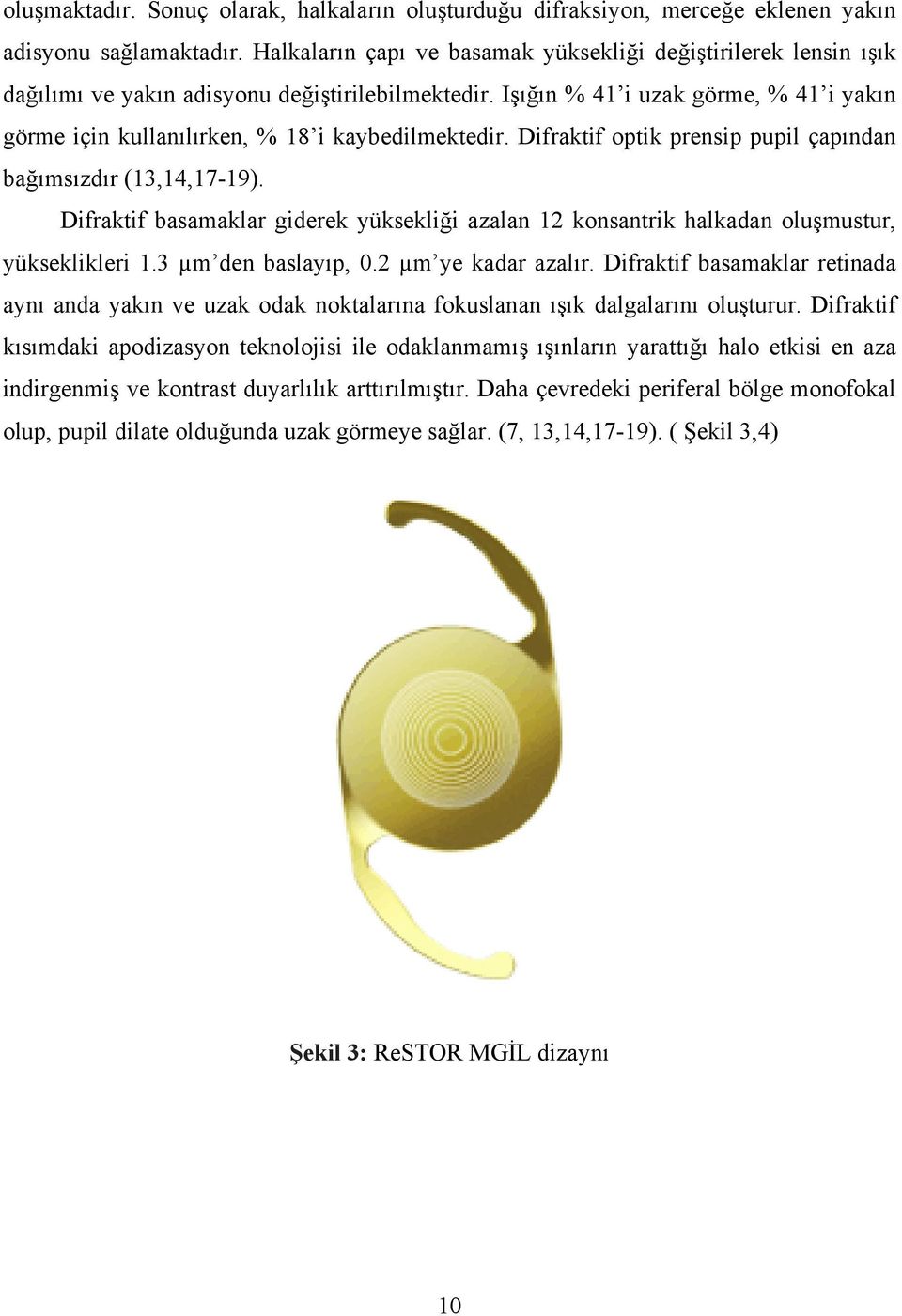 Işığın % 41 i uzak görme, % 41 i yakın görme için kullanılırken, % 18 i kaybedilmektedir. Difraktif optik prensip pupil çapından bağımsızdır (13,14,17-19).