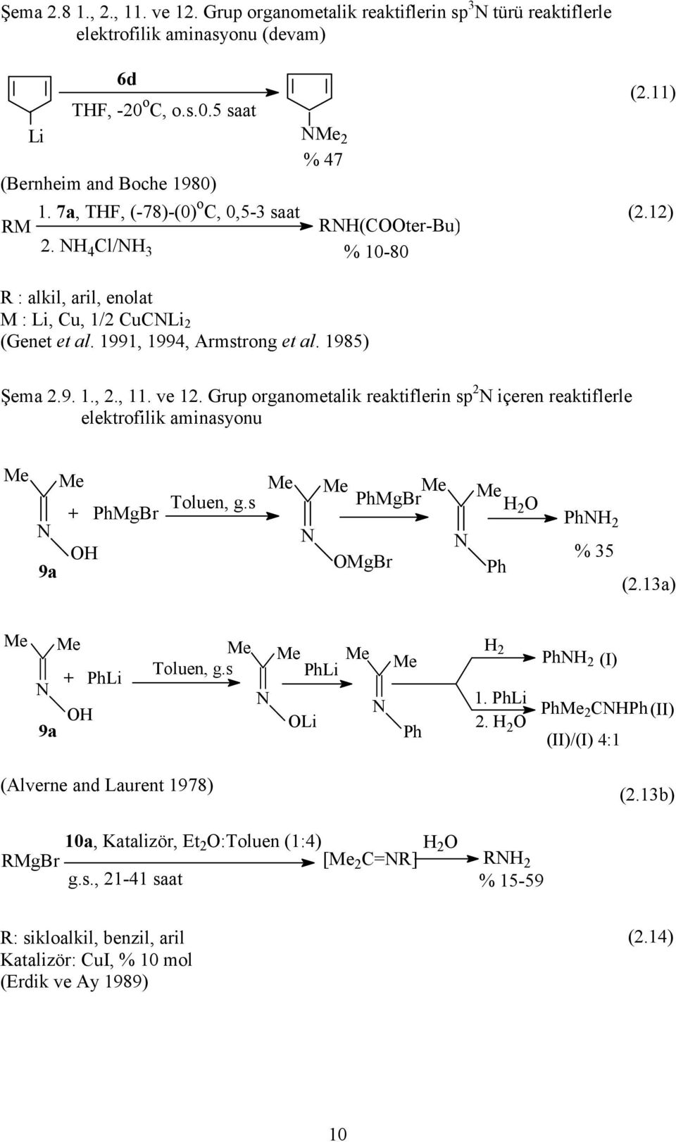 , 11. ve 12. Grup organometalik reaktiflerin sp 2 N içeren reaktiflerle elektrofilik aminasyonu Me Me + PhMgBr N OH 9a Toluen, g.s Me N Me Me PhMgBr OMgBr N Me H 2 O Ph PhNH 2 % 35 (2.