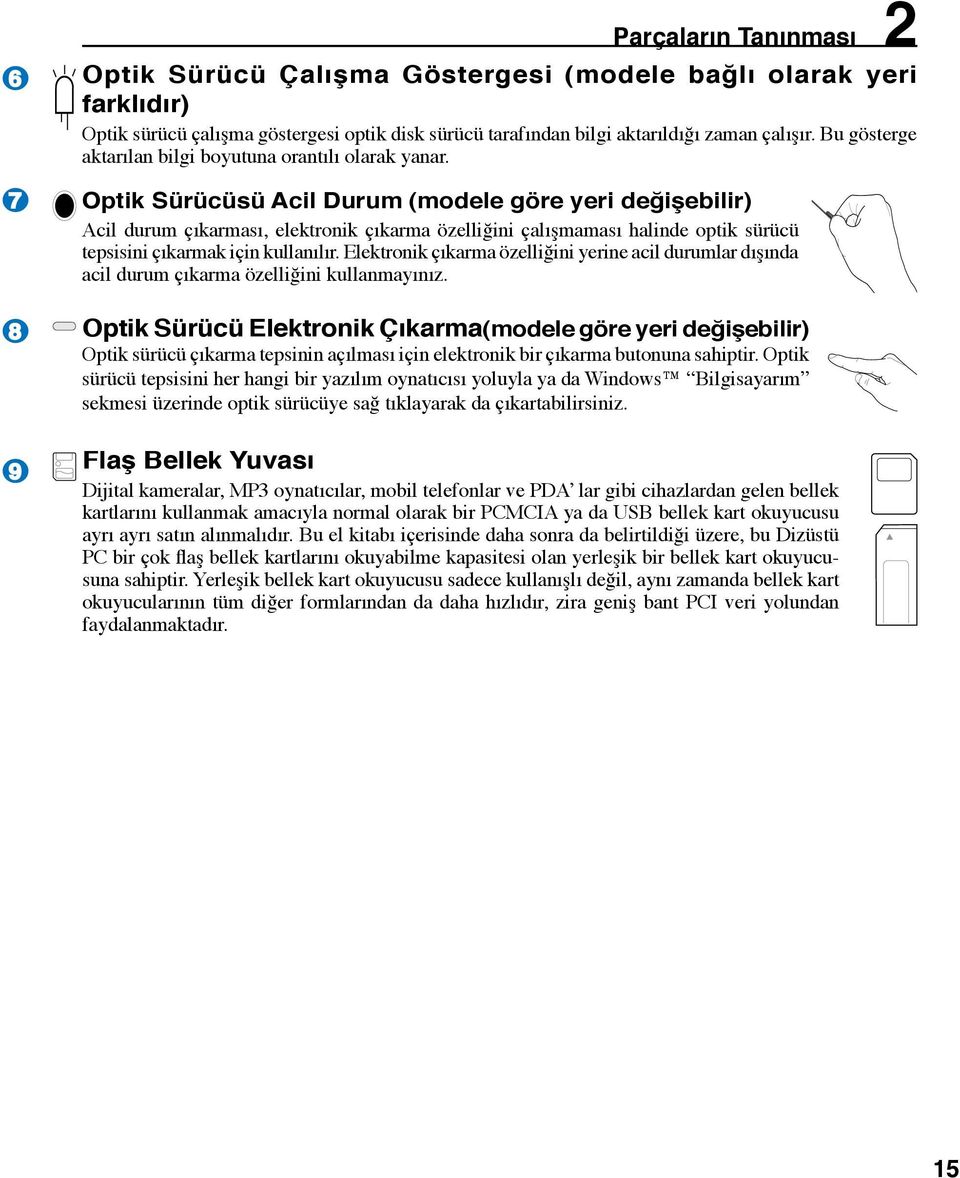 7 9 Optik Sürücüsü Acil Durum (modele göre yeri değişebilir) Acil durum çıkarması, elektronik çıkarma özelliğini çalışmaması halinde optik sürücü tepsisini çıkarmak için kullanılır.