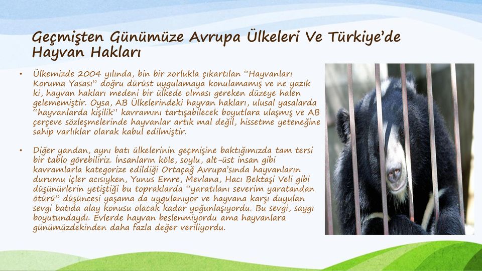 Oysa, AB Ülkelerindeki hayvan hakları, ulusal yasalarda hayvanlarda kişilik kavramını tartışabilecek boyutlara ulaşmış ve AB çerçeve sözleşmelerinde hayvanlar artık mal değil, hissetme yeteneğine