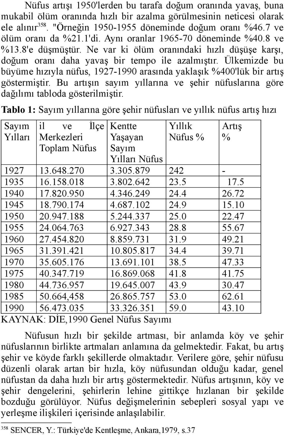 Ülkemizde bu büyüme hızıyla nüfus, 1927-1990 arasında yaklaşık %400'lük bir artış göstermiştir. Bu artışın sayım yıllarına ve şehir nüfuslarına göre dağılımı tabloda gösterilmiştir.