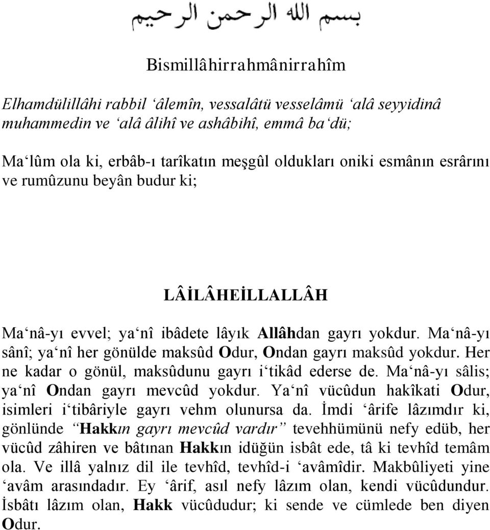 Her ne kadar o gönül, maksûdunu gayrı i tikâd ederse de. Ma nâ-yı sâlis; ya nî Ondan gayrı mevcûd yokdur. Ya nî vücûdun hakîkati Odur, isimleri i tibâriyle gayrı vehm olunursa da.