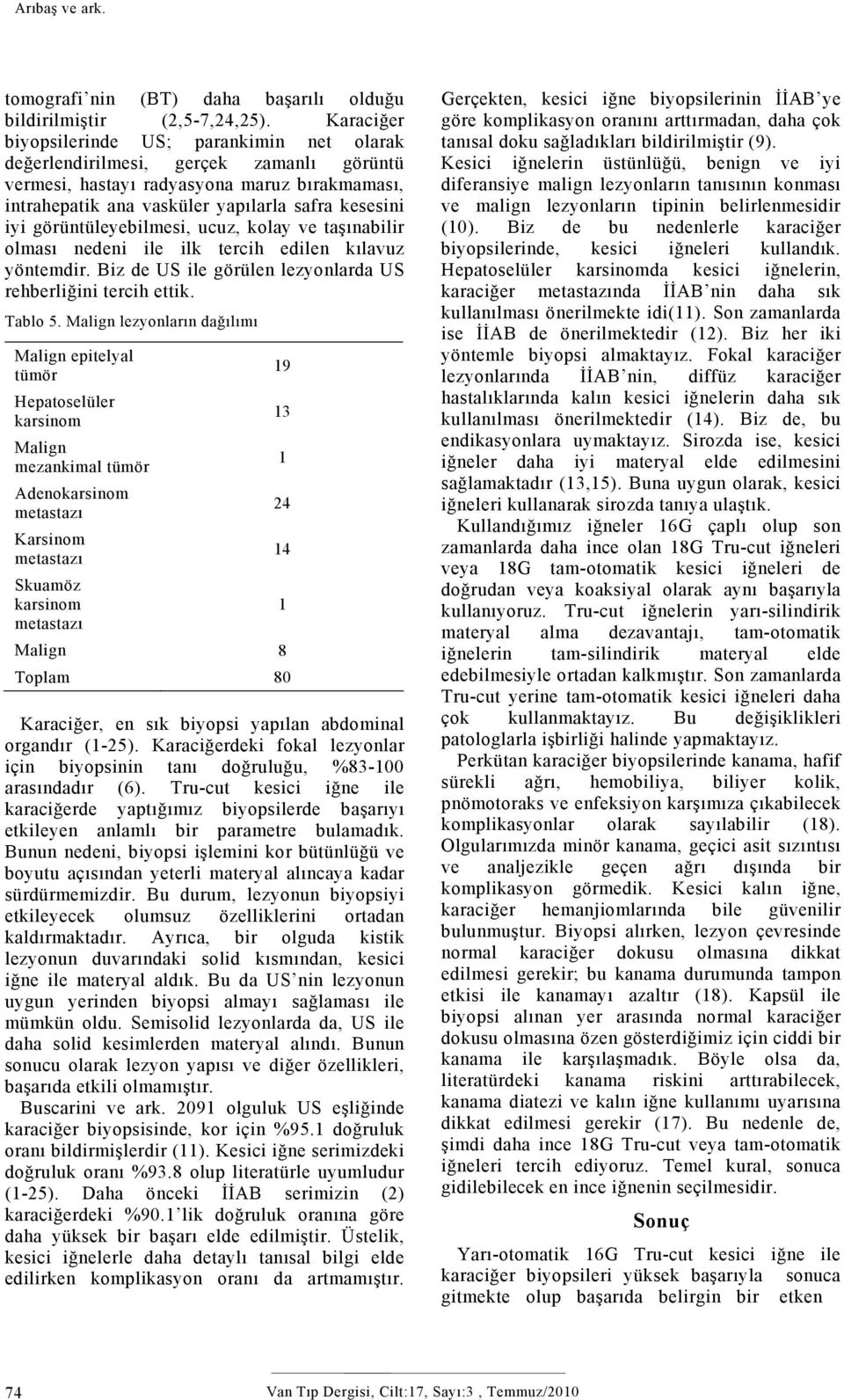 görüntüleyebilmesi, ucuz, kolay ve taşınabilir olması nedeni ile ilk tercih edilen kılavuz yöntemdir. Biz de US ile görülen lezyonlarda US rehberliğini tercih ettik. Tablo 5.