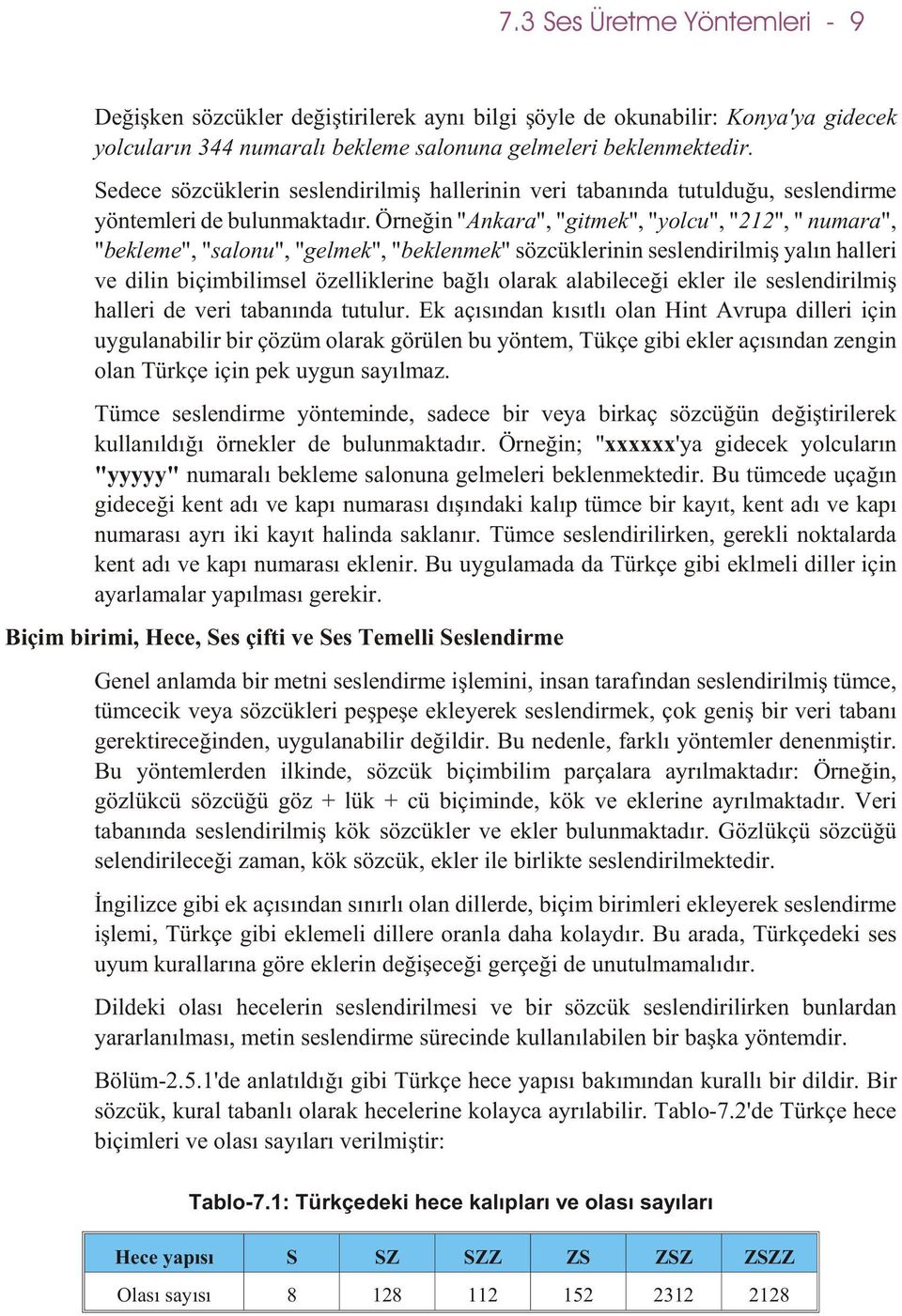 Örneðin "Ankara", "gitmek", "yolcu", "212", " numara", "bekleme", "salonu", "gelmek", "beklenmek" sözcüklerinin seslendirilmiþ yalýn halleri ve dilin biçimbilimsel özelliklerine baðlý olarak