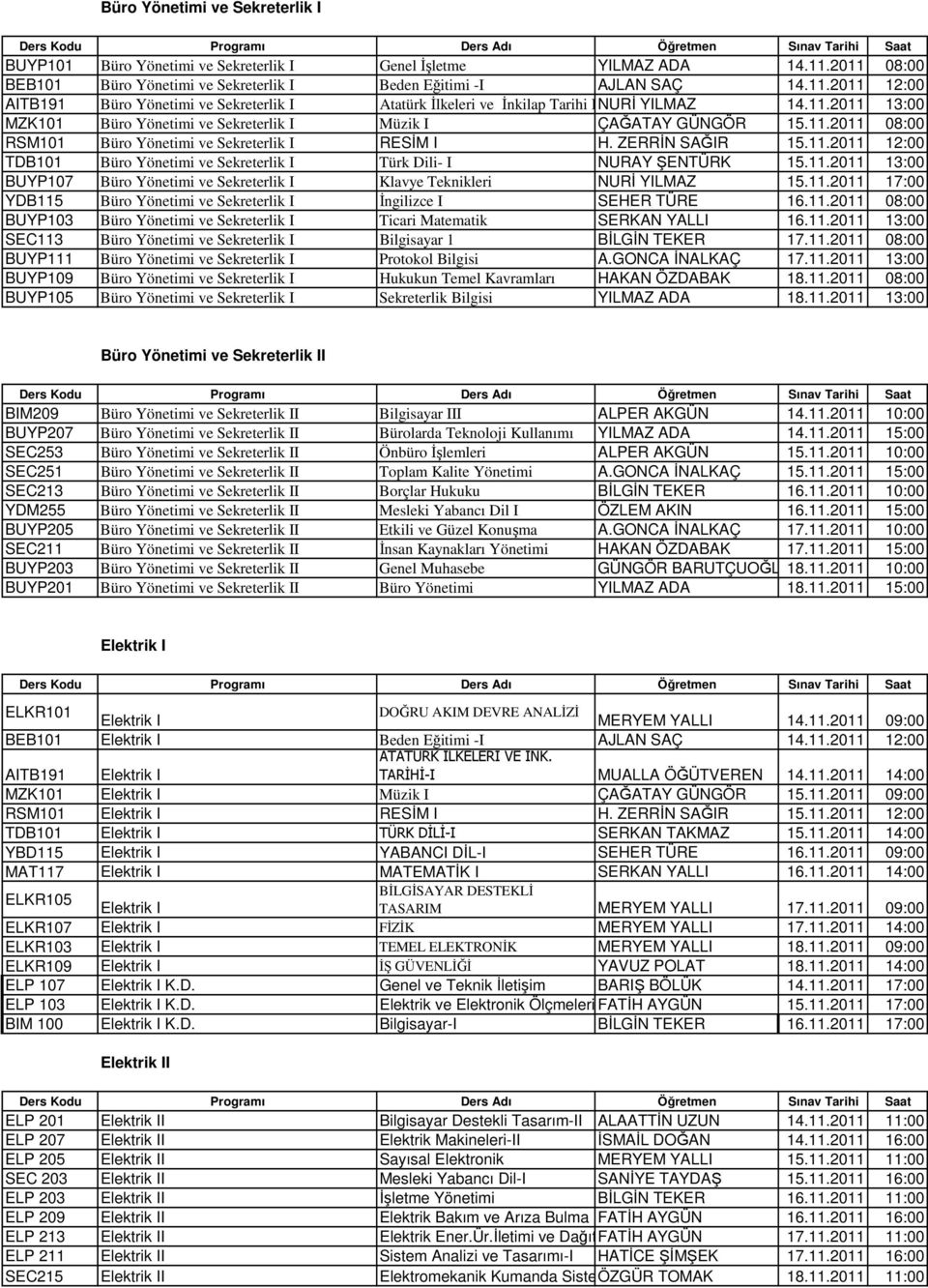11.2011 08:00 RSM101 Büro Yönetimi ve Sekreterlik I RESİM I H. ZERRİN SAĞIR 15.11.2011 12:00 TDB101 Büro Yönetimi ve Sekreterlik I Türk Dili- I NURAY ŞENTÜRK 15.11.2011 13:00 BUYP107 Büro Yönetimi ve Sekreterlik I Klavye Teknikleri NURİ YILMAZ 15.