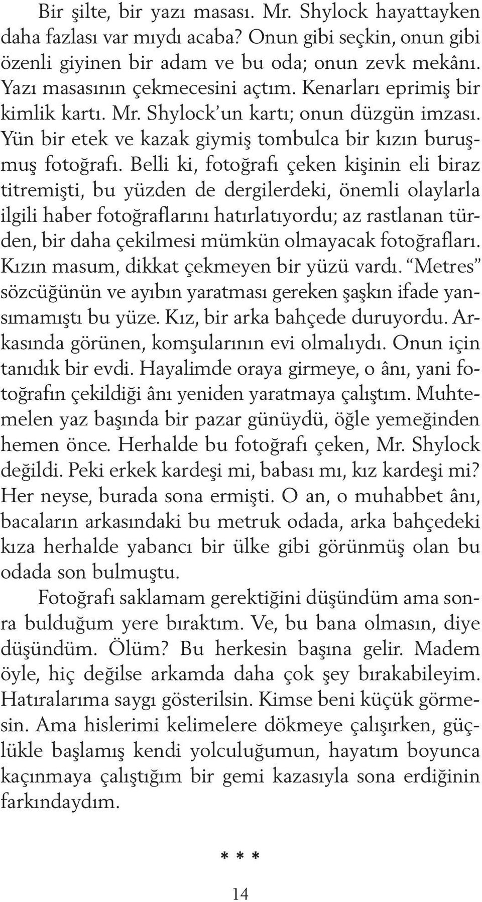 Belli ki, fotoğrafı çeken kişinin eli biraz titremişti, bu yüzden de dergilerdeki, önemli olaylarla ilgili haber fotoğraflarını hatırlatıyordu; az rastlanan türden, bir daha çekilmesi mümkün