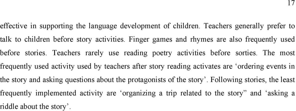 The most frequently used activity used by teachers after story reading activates are ordering events in the story and asking questions about