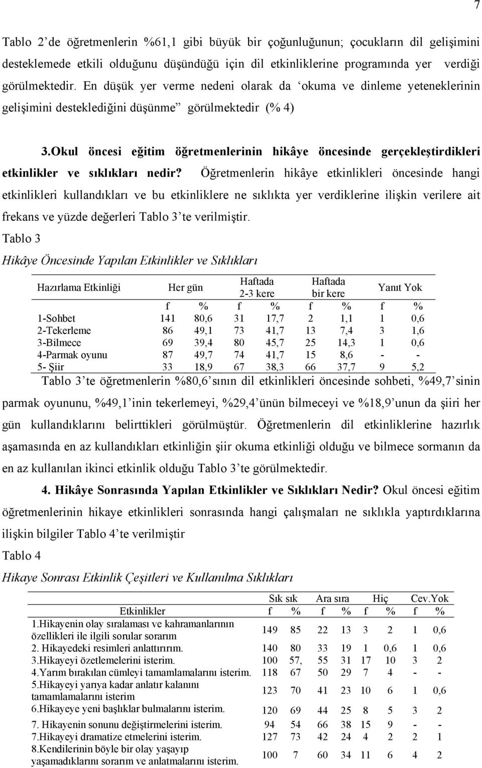 Okul öncesi eğitim öğretmenlerinin hikâye öncesinde gerçekleştirdikleri etkinlikler ve sıklıkları nedir?