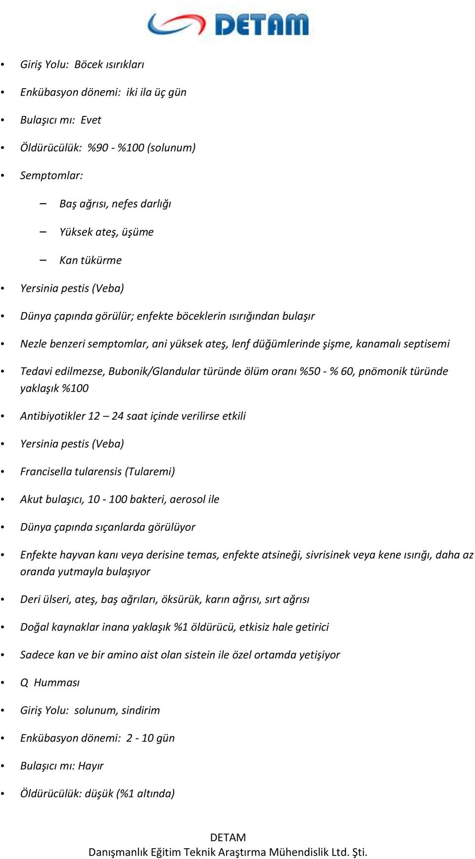 ölüm oranı %50 - % 60, pnömonik türünde yaklaşık %100 Antibiyotikler 12 24 saat içinde verilirse etkili Yersinia pestis (Veba) Francisella tularensis (Tularemi) Akut bulaşıcı, 10-100 bakteri, aerosol