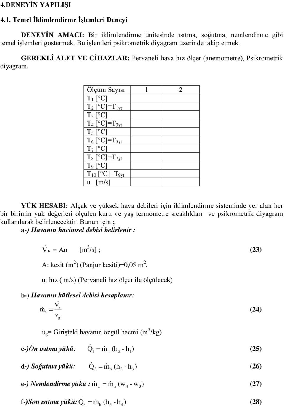 Ölüm Sayısı 1 2 T 1 [ C] T 2 [ C]=T 1yt T 3 [ C] T 4 [ C]=T 3yt T 5 [ C] T 6 [ C]=T 5yt T 7 [ C] T 8 [ C]=T 7yt T 9 [ C] T 10 [ C]=T 9yt u [m/s] YÜK HESABI: Alak ve yüksek hava debileri iin