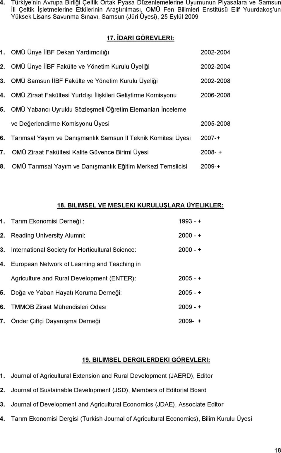 OMÜ Samsun İİBF Fakülte ve Yönetim Kurulu Üyeliği 2002-2008 4. OMÜ Ziraat Fakültesi Yurtdışı İlişkileri Geliştirme Komisyonu 2006-2008 5.