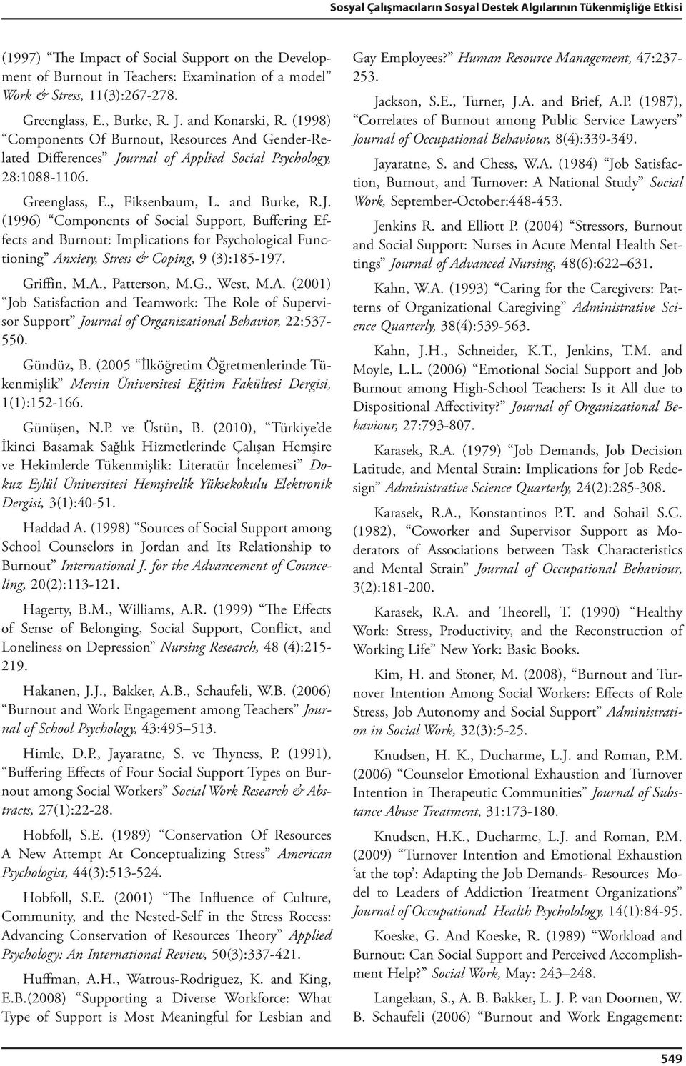 and Burke, R.J. (1996) Components of Social Support, Buffering Effects and Burnout: Implications for Psychological Functioning Anxiety, Stress & Coping, 9 (3):185-197. Griffin, M.A., Patterson, M.G., West, M.