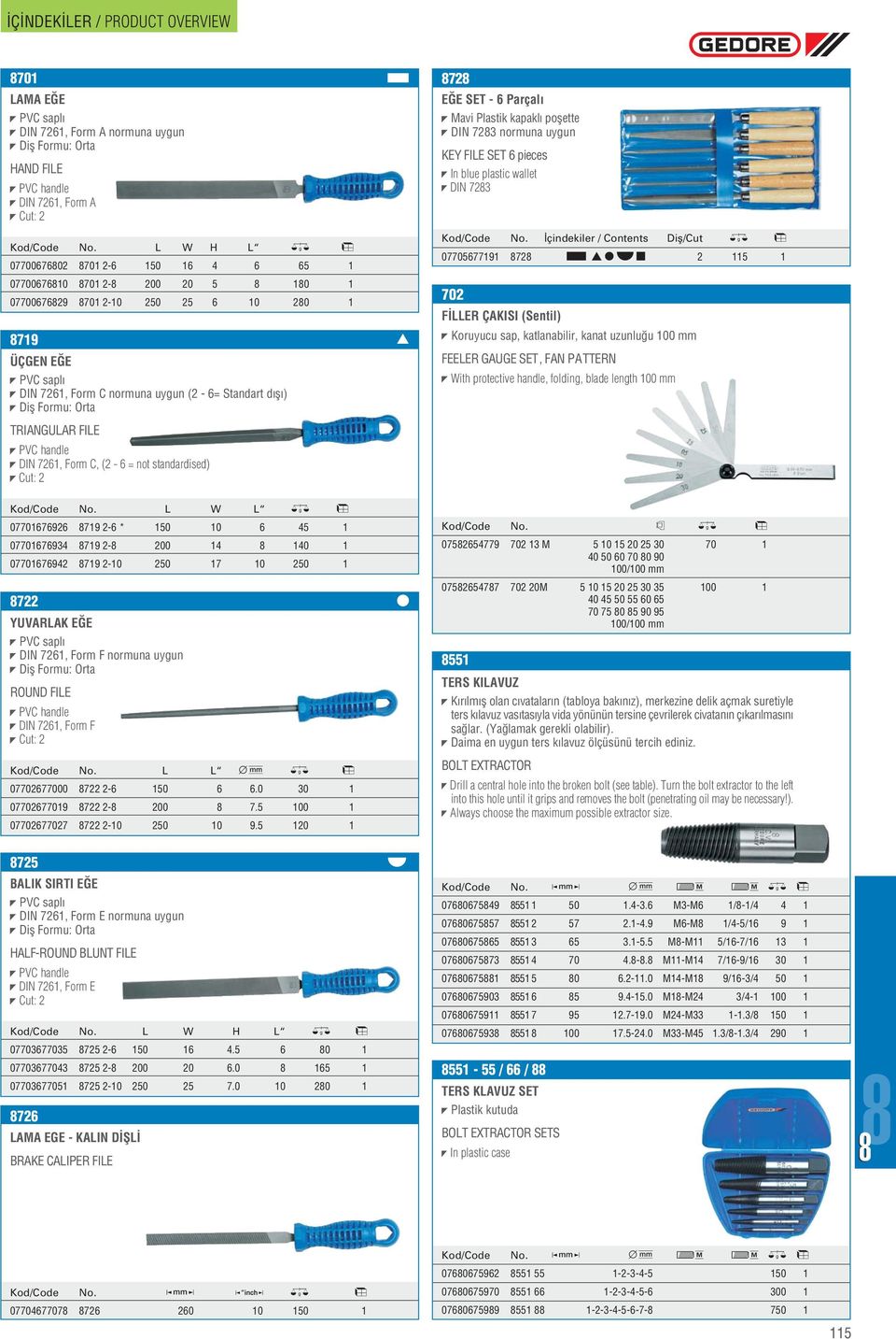 fl ) Difl Formu: Orta TRIANGULAR FILE PVC handle DIN 7261, Form C, (2-6 = not standardised) Cut: 2 Kod/Code No.