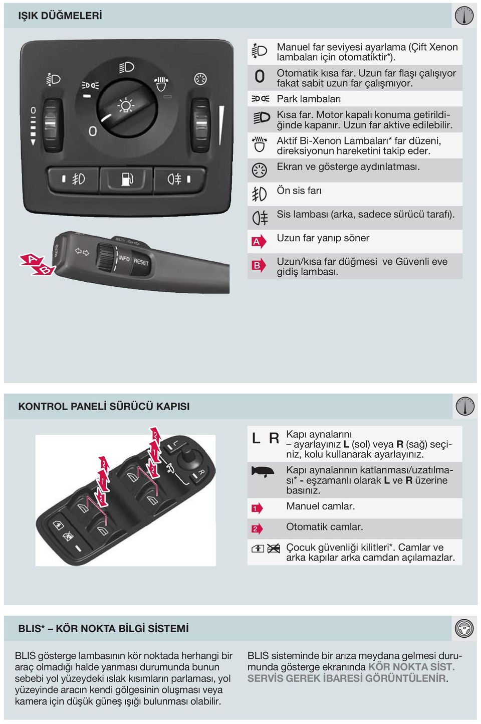 Ön sis farı Sis lambası (arka, sadece sürücü tarafı). B Uzun far yanıp söner Uzun/kısa far düğmesi ve Güvenli eve gidiş lambası.