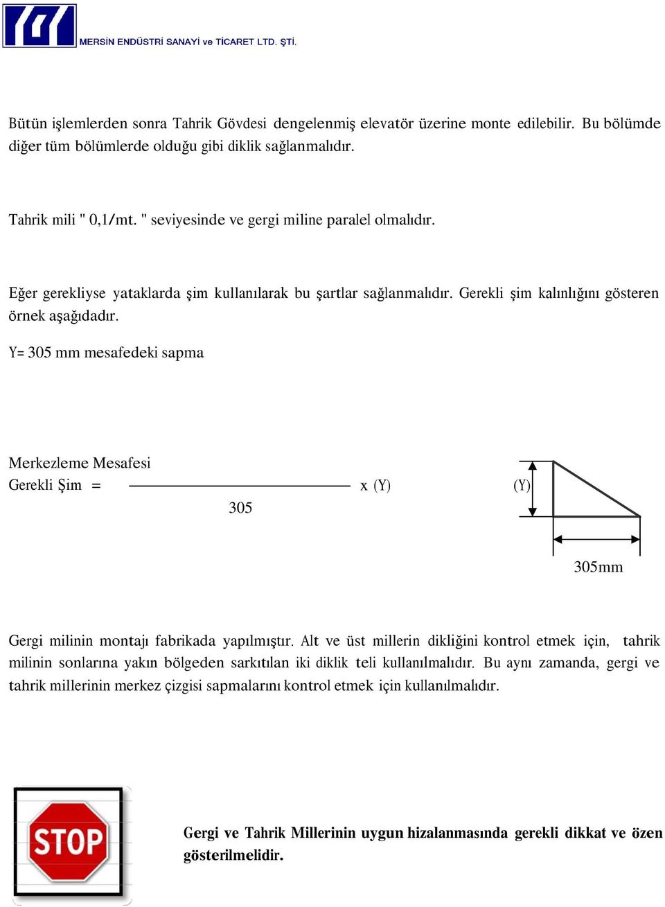 Y= 305 mm mesafedeki sapma Merkezleme Mesafesi Gerekli ġim = 305 x (Y) (Y) 305mm Gergi milinin montajı fabrikada yapılmıģtır.