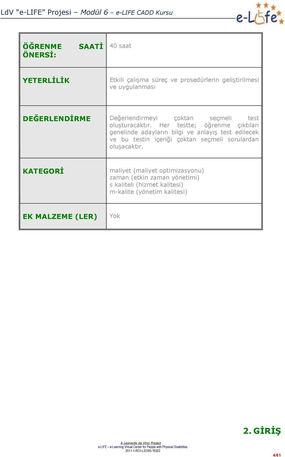 Her testte; öğrenme çıktıları genelinde adayların bilgi ve anlayış test edilecek ve bu testin içeriği çoktan seçmeli