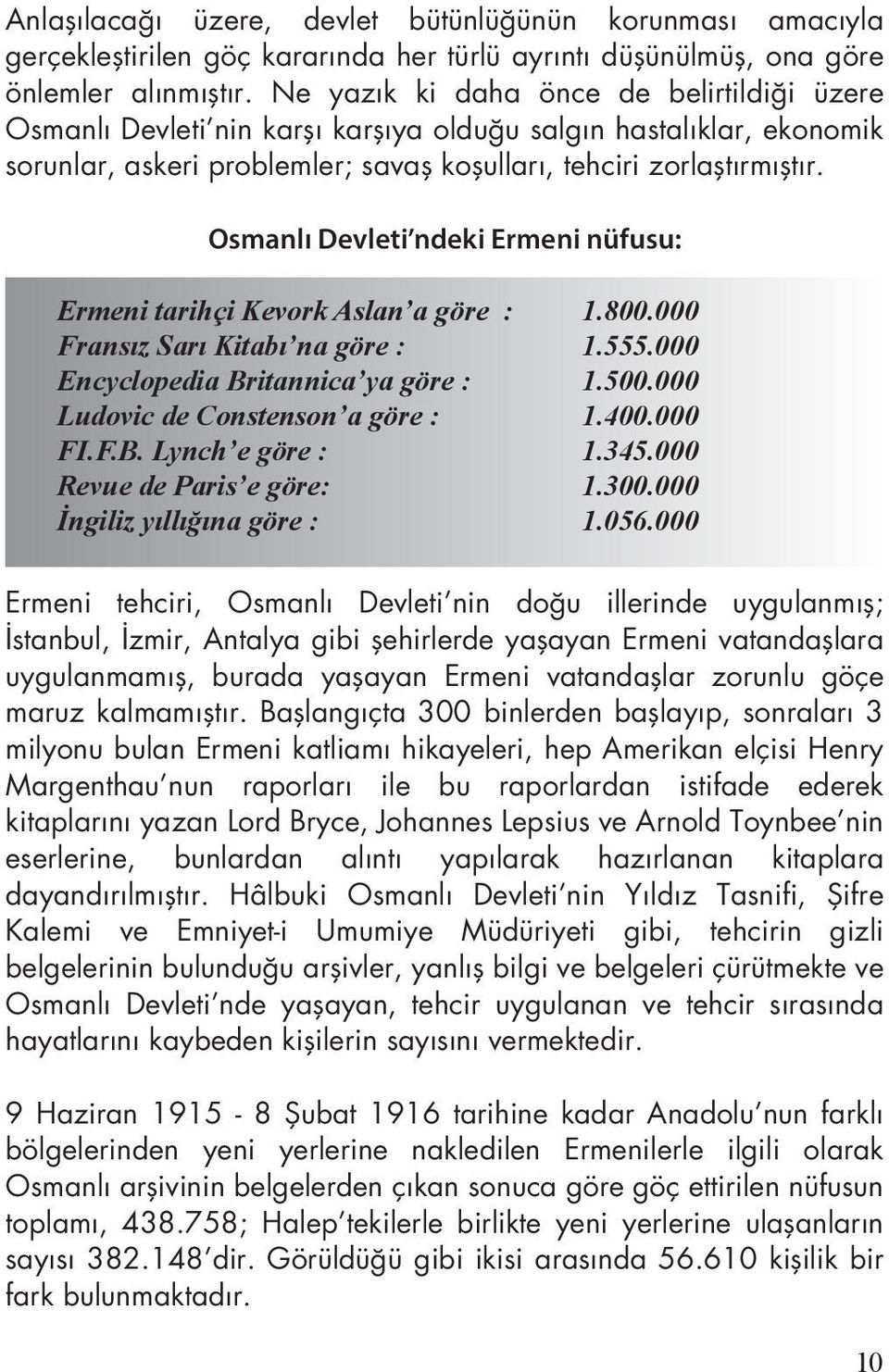 Osmanlı Devleti ndeki Ermeni nüfusu: Ermeni tarihçi Kevork Aslan a göre : 1.800.000 Fransız Sarı Kitabı na göre : 1.555.000 Encyclopedia Britannica ya göre : 1.500.