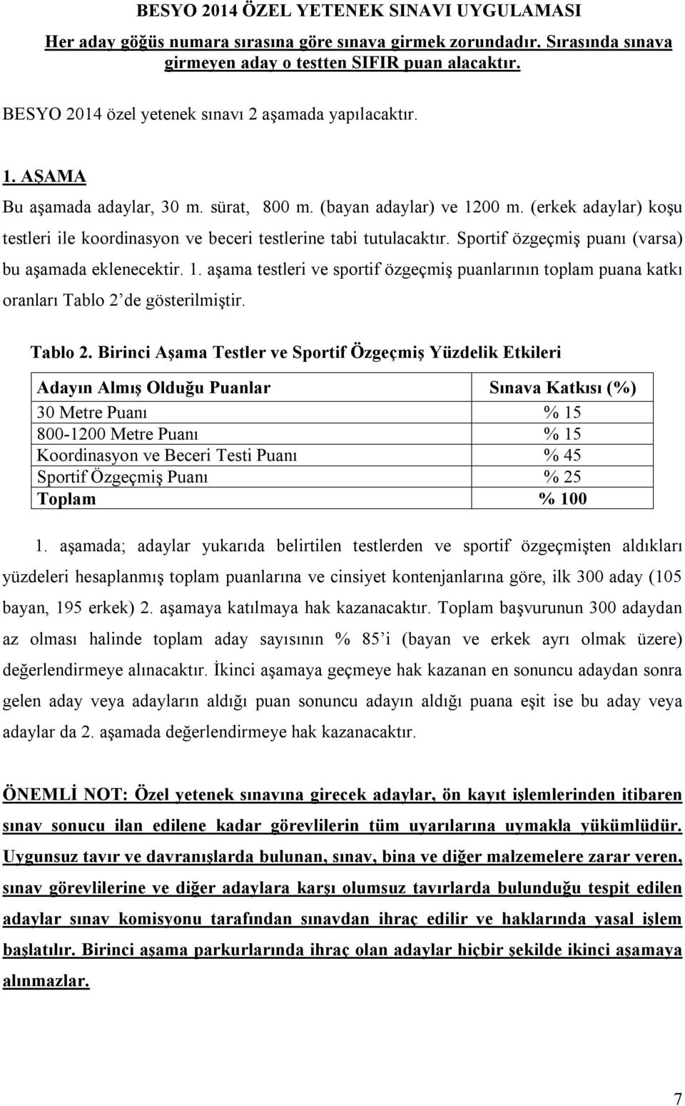 (erkek adaylar) koşu testleri ile koordinasyon ve beceri testlerine tabi tutulacaktır. Sportif özgeçmiş puanı (varsa) bu aşamada eklenecektir. 1.