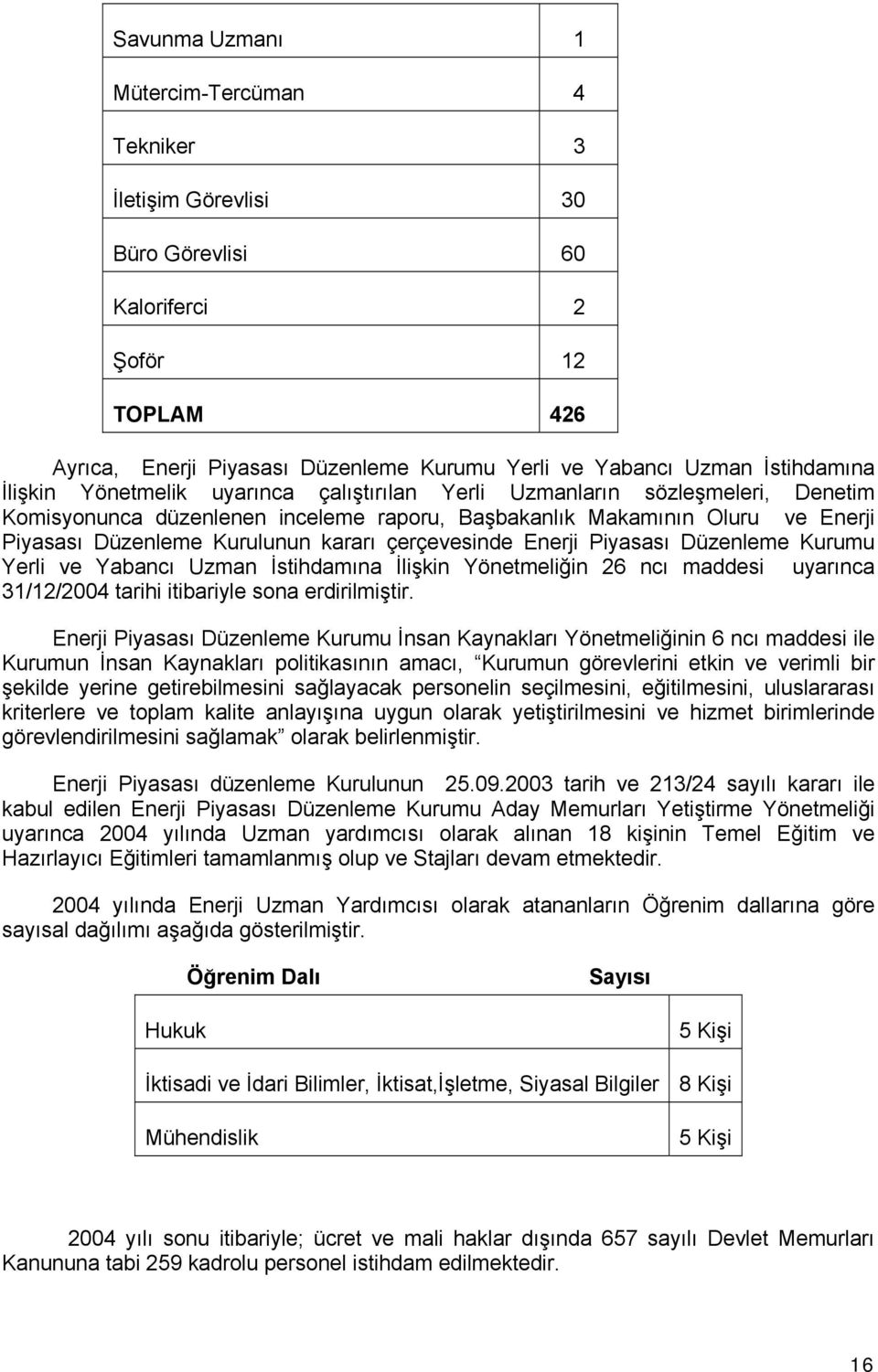 çerçevesinde Enerji Piyasası Düzenleme Kurumu Yerli ve Yabancı Uzman İstihdamına İlişkin Yönetmeliğin 26 ncı maddesi uyarınca 31/12/2004 tarihi itibariyle sona erdirilmiştir.