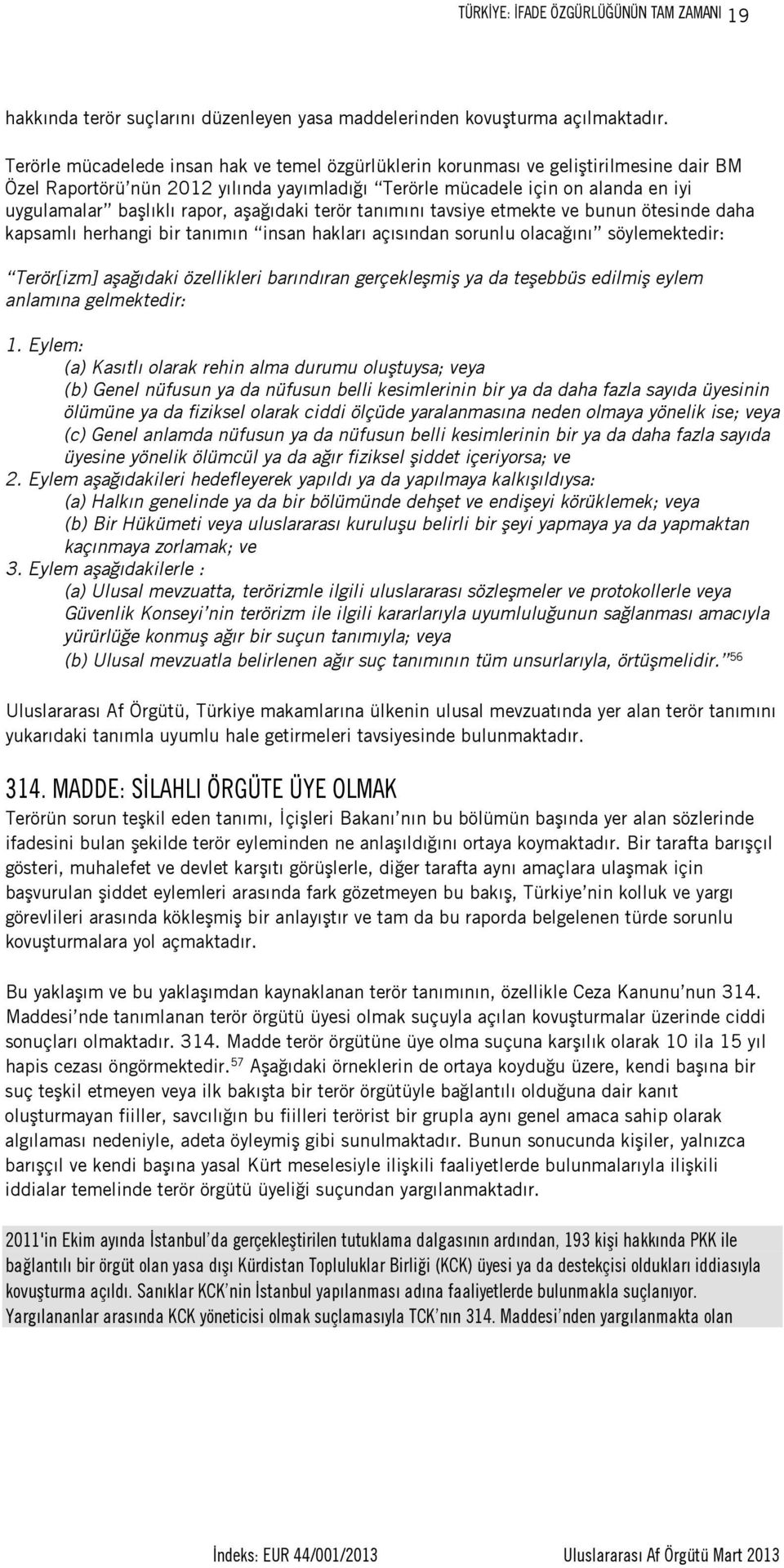 rapor, aşağıdaki terör tanımını tavsiye etmekte ve bunun ötesinde daha kapsamlı herhangi bir tanımın insan hakları açısından sorunlu olacağını söylemektedir: Terör[izm] aşağıdaki özellikleri