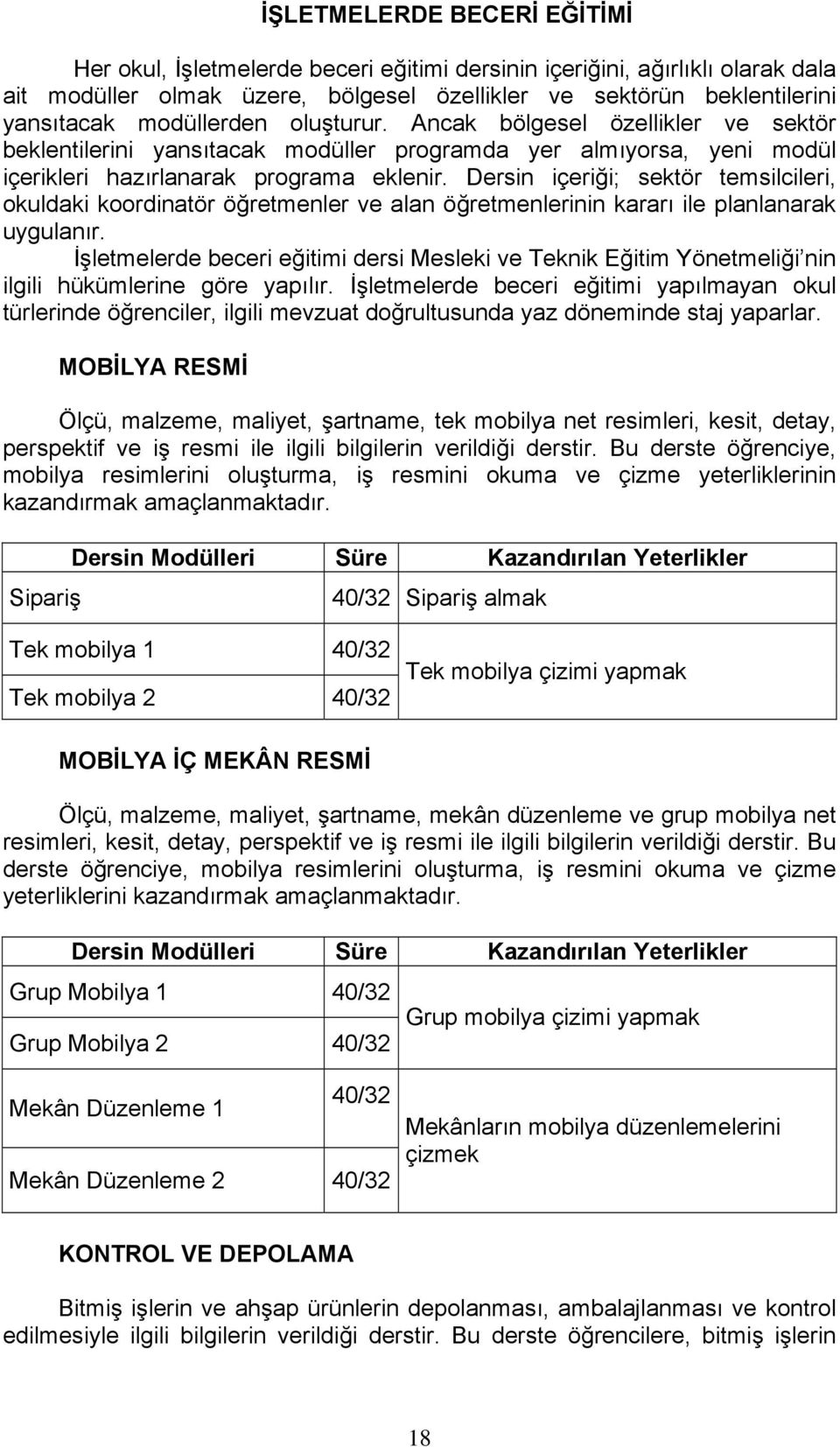 Dersin içeriği; sektör temsilcileri, okuldaki koordinatör öğretmenler ve alan öğretmenlerinin kararı ile planlanarak İşletmelerde beceri eğitimi dersi Mesleki ve Teknik Eğitim Yönetmeliği nin ilgili