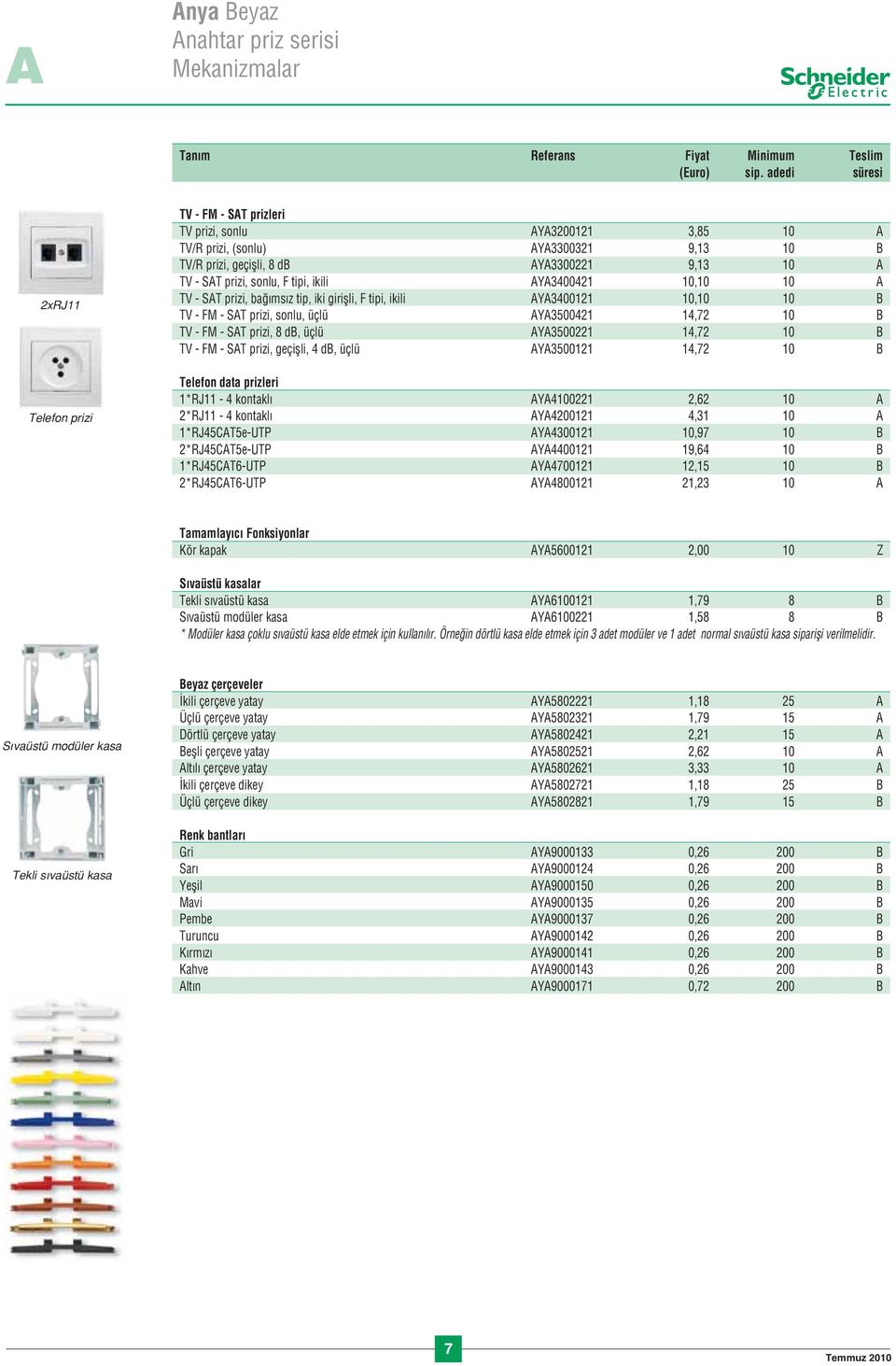 sonlu, F tipi, ikili AYA3400421 10,10 10 A TV - SAT prizi, ba ms z tip, iki giriflli, F tipi, ikili AYA3400121 10,10 10 B TV - FM - SAT prizi, sonlu, üçlü AYA3500421 14,72 10 B TV - FM - SAT prizi, 8