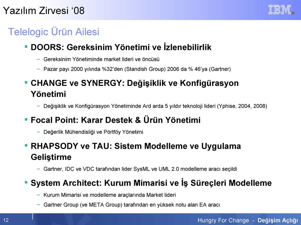 Destek & Ürün Yönetimi Değerlik Mühendisliği ve Pörtföy Yönetimi RHAPSODY ve TAU: Sistem Modelleme ve Uygulama Geliştirme Gartner, IDC ve VDC tarafından lider SysML ve UML 2.