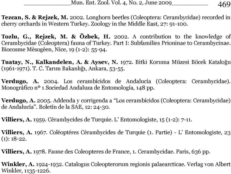 & Aysev, N. 1972. Bitki Koruma Müzesi Böcek Kataloğu (1961-1971). T. C. Tarım Bakanlığı, Ankara, 53-55. Verdugo, A. 2004. Los cerambícidos de Andalucía (Coleoptera: Cerambycidae).