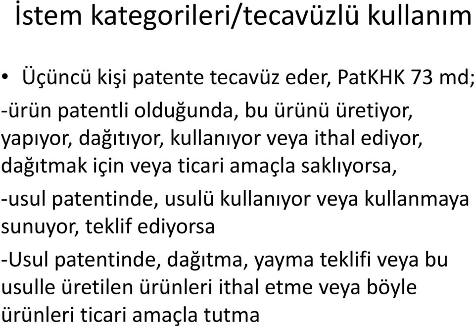 amaçla saklıyorsa, -usul patentinde, usulü kullanıyor veya kullanmaya sunuyor, teklif ediyorsa -Usul