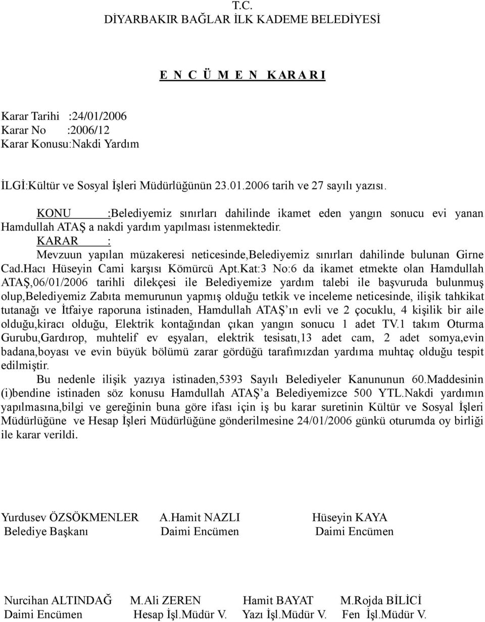 Mevzuun yapılan müzakeresi neticesinde,belediyemiz sınırları dahilinde bulunan Girne Cad.Hacı Hüseyin Cami karşısı Kömürcü Apt.