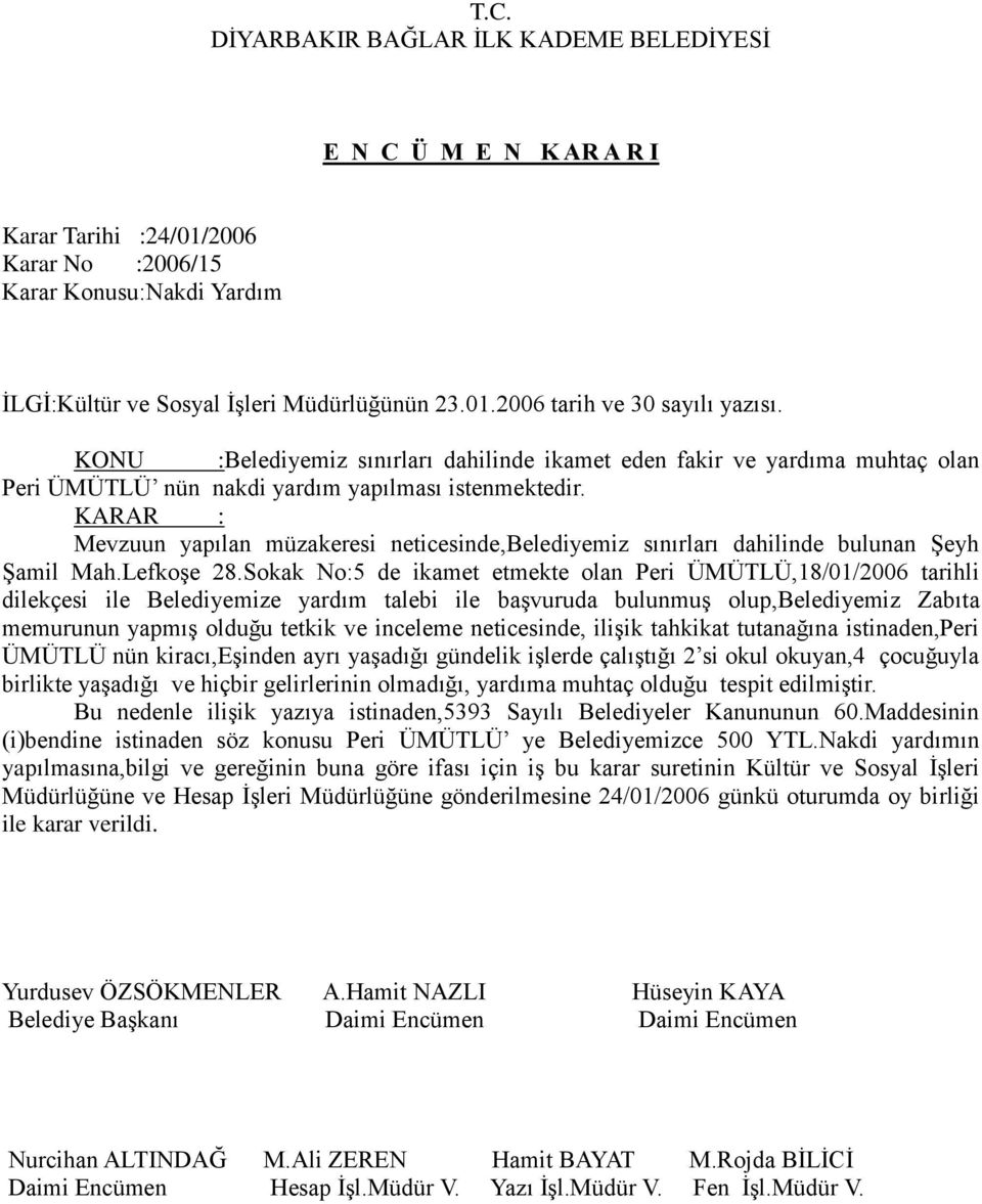 Mevzuun yapılan müzakeresi neticesinde,belediyemiz sınırları dahilinde bulunan Şeyh Şamil Mah.Lefkoşe 28.