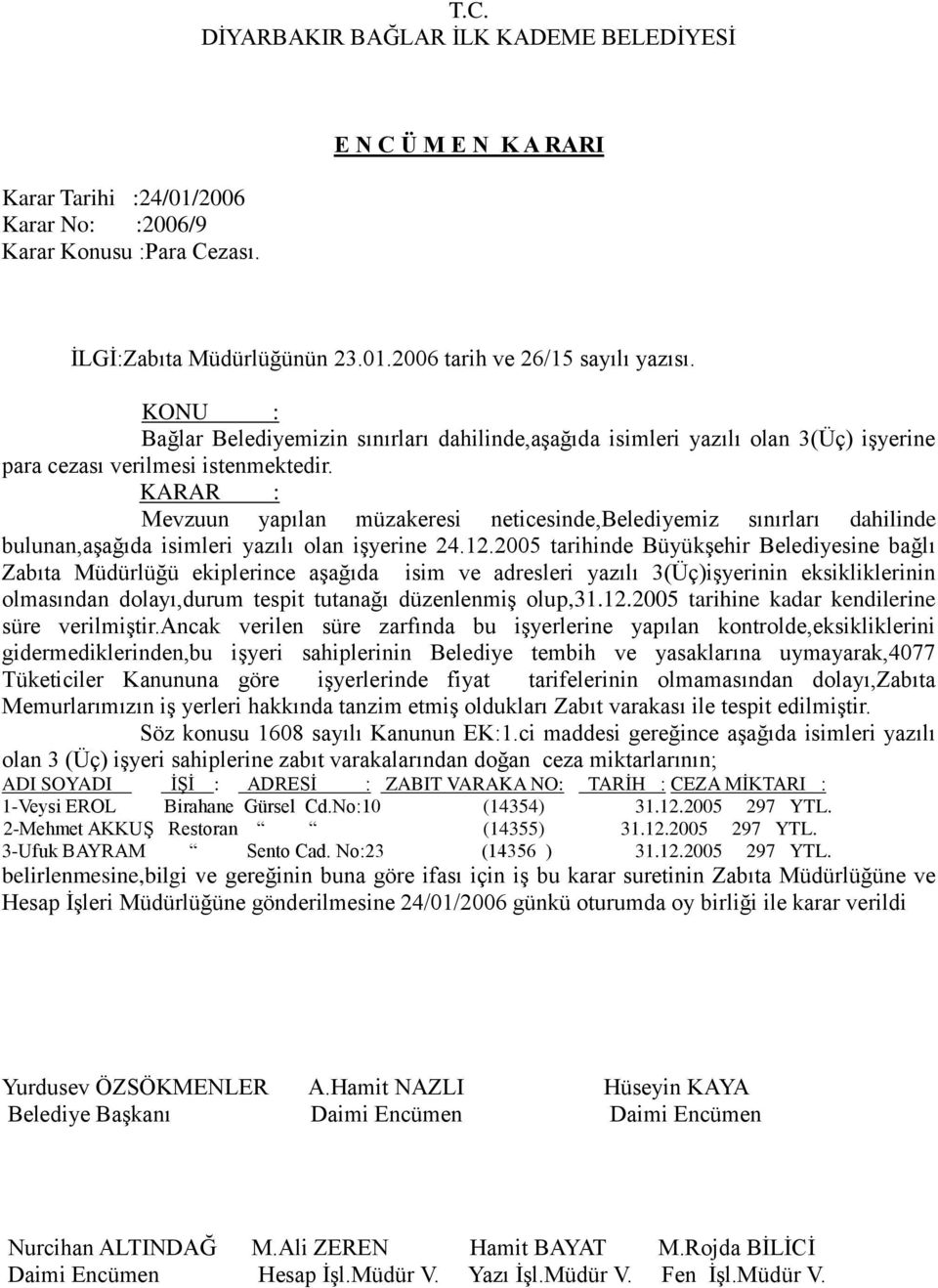 Mevzuun yapılan müzakeresi neticesinde,belediyemiz sınırları dahilinde bulunan,aşağıda isimleri yazılı olan işyerine 24.12.